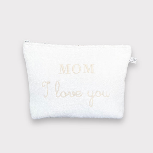 Kosmetiktasche 'Mom I Love You' aus Baumwollfrottee - Mother's Day Kollektion."