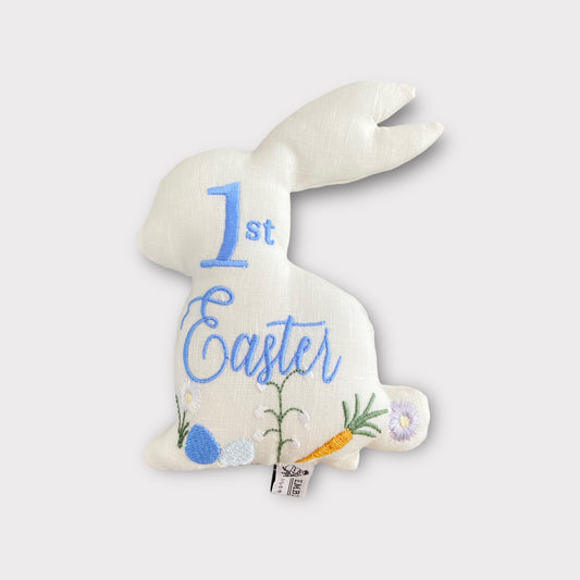 Blue "1st Easter" Cushion in Pure Linen with Embroidery - Rattle Bunny for Pram and Cradle