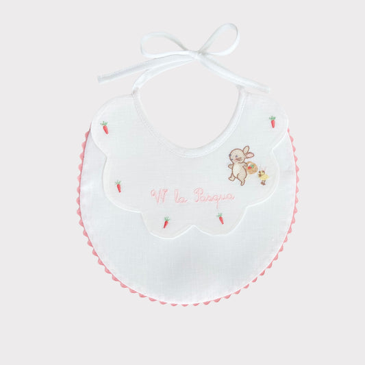 Bib for Noenati "W la Pasqua" with Embroidery of Carrots, Bunny and Chick in Pink color