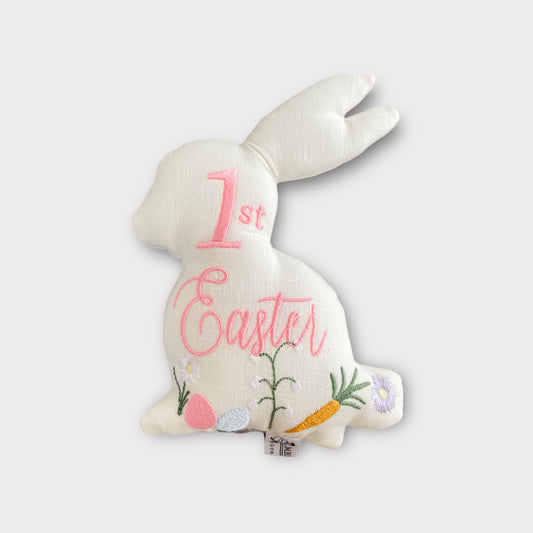 Pink "1st Easter" Cushion in Pure Linen with Embroidery - Rattle Bunny for Pram and Cradle