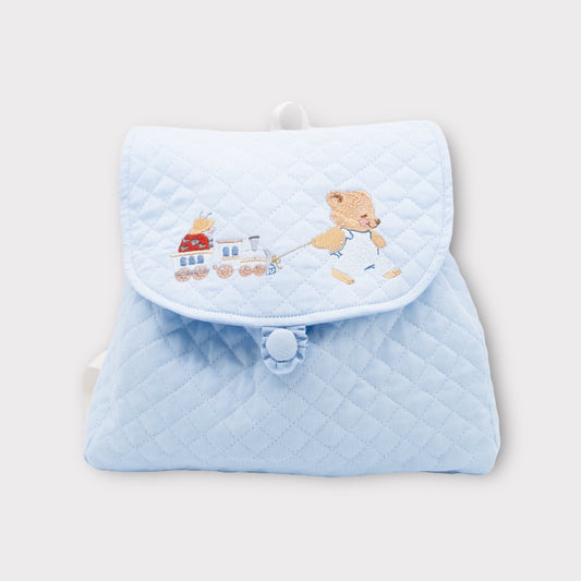 Zainetto Orsetto e Trenino - Cotone Celeste - Collezione Bear | Embroidery Store di Letizia