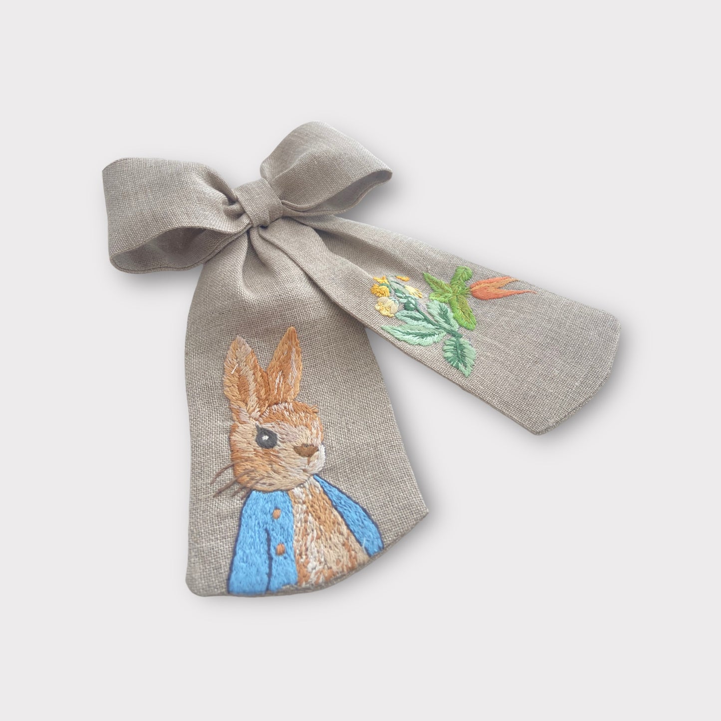 Hair Bow with Metal Clip - Hand Embroidery Peter Rabbit and Bunch of Carrots in Pure Linen